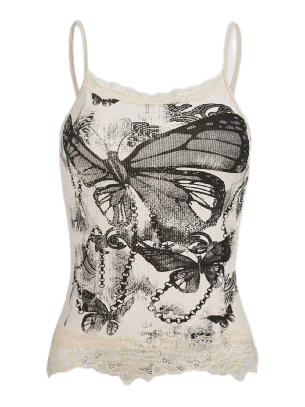 ROMWE Cream Lace-Trim Butterfly Graphic Cami